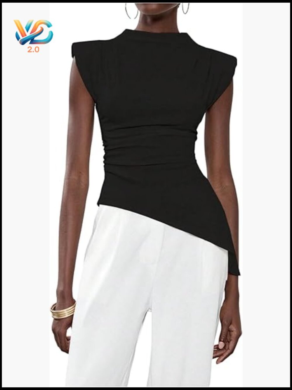 Asymmetrical Hem Ruched Top Mock Neck Sleeveless Fitted Shoulder Pad Chic Blouse